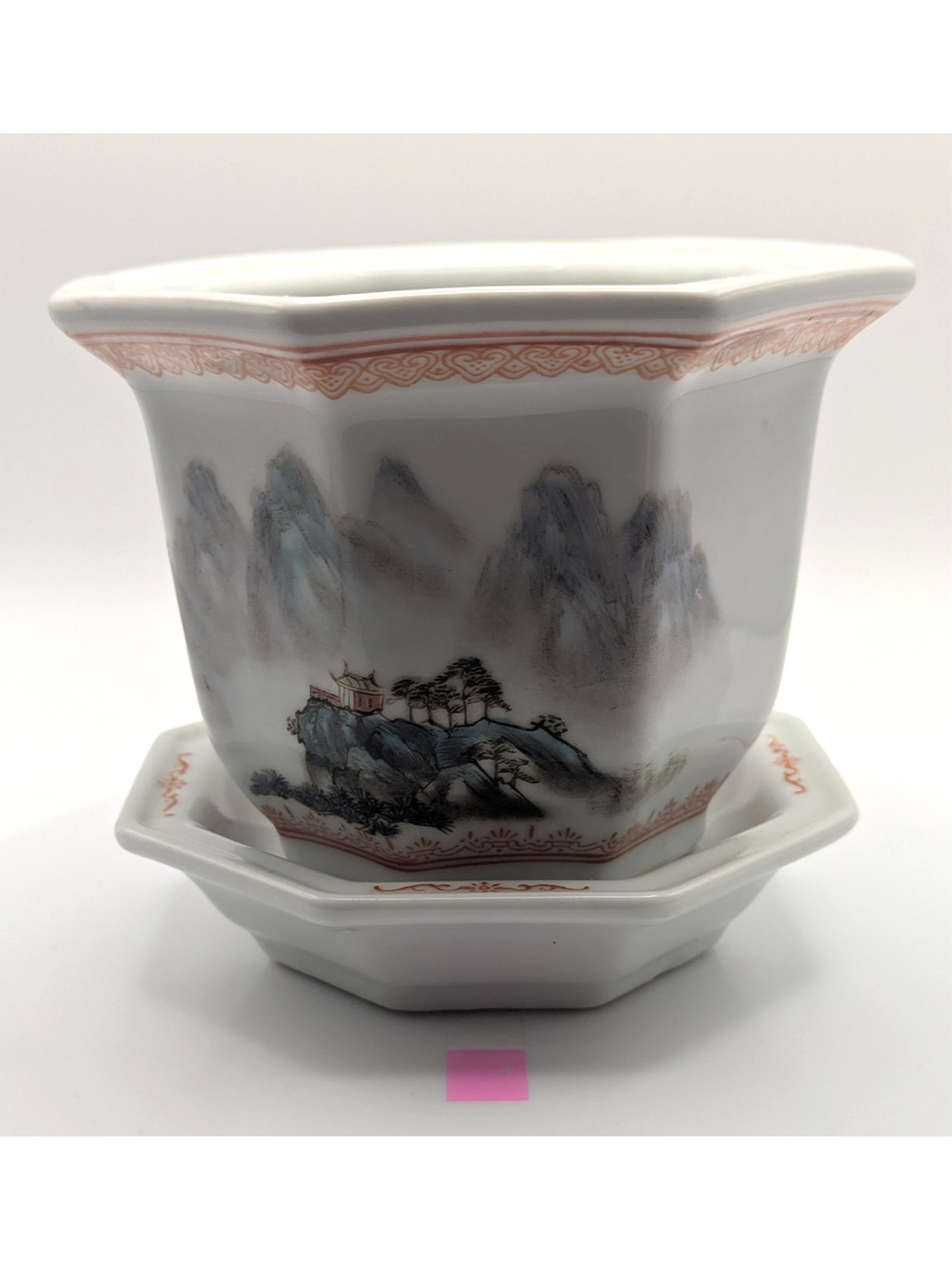 CHINESE Porcelain Hexagon Planter Cachepot Landscape Jardiniere Tray Vintage